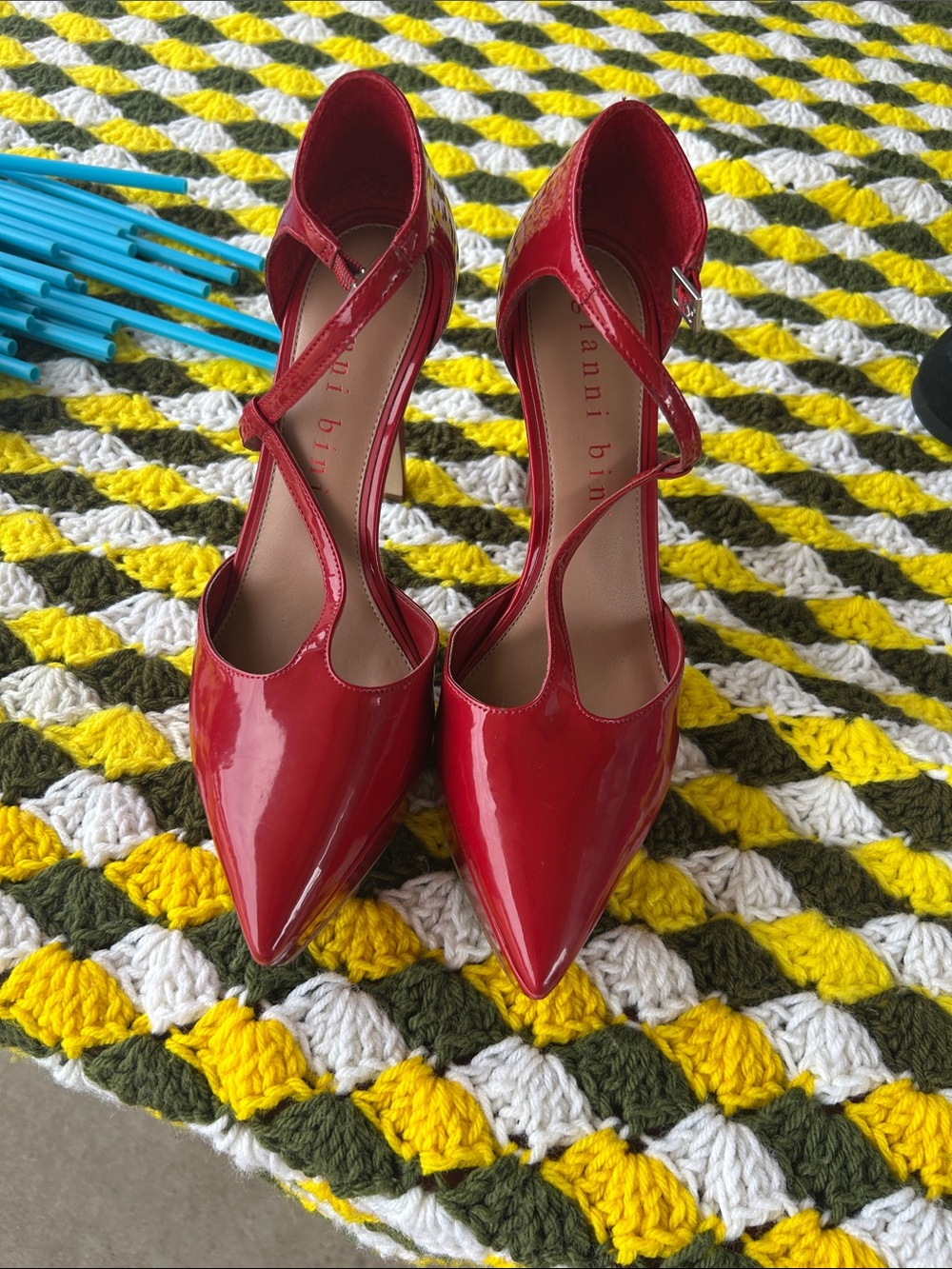 Gianni Bini Red Patent Pointed-Toe Strappy Pumps with Ankle Buckle